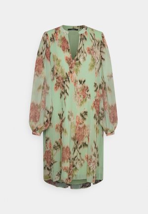 Jurk met bloemenpatroon in mintgroene kleur, met lange pofmouwen en een V-hals, gemaakt van lichtgewicht, vloeiende stof.