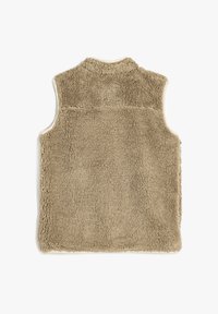 Gilet in pile beige con colletto alto. Texture morbida, design senza maniche e una cucitura sul retro nella parte superiore. Senza chiusure visibili.