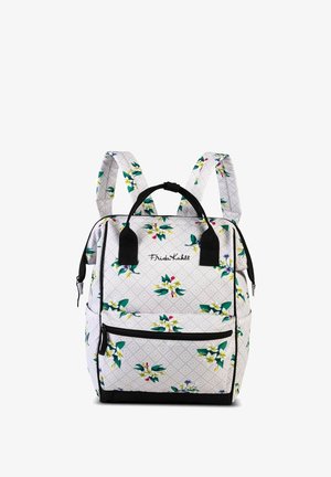 White floral backpack with a geometric pattern, black accents, top handle, and adjustable straps, featuring bright yellow and green flowers.