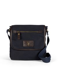 Borsa a tracolla in tela blu navy con dettagli in pelle marrone, tracolla regolabile, tasca con zip frontale e un'etichetta con il logo del marchio sul fronte.