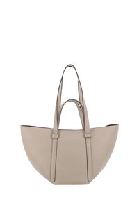 Beige leren tote bag met een textuur, gebogen vorm en twee korte handvatten. Randen zijn afgewerkt in een contrasterende kleur.