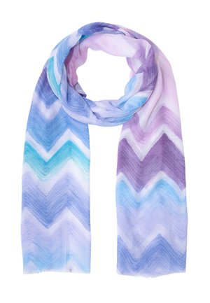 Écharpe légère avec des motifs en zigzag dans des teintes de violet, bleu, sarcelle et blanc, bouclée de manière lâche pour l'exposition.