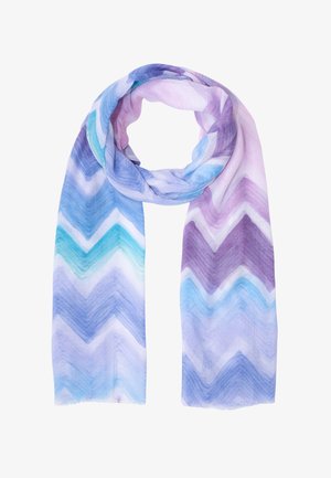 Écharpe légère avec des motifs en zigzag dans des teintes de violet, bleu, sarcelle et blanc, bouclée de manière lâche pour l'exposition.