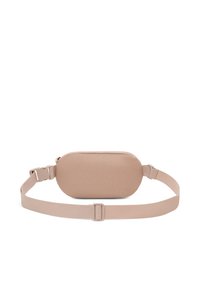 Borsa a tracolla in tessuto taupe chiaro con superficie testurizzata, forma ovale e tracolla regolabile con chiusura a fibbia.