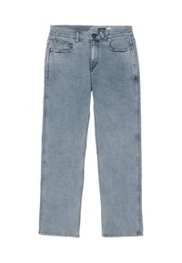 Light blue straight-leg jeans made of denim. Features five pockets, a front button closure, and contrasting stitching along the seams.
