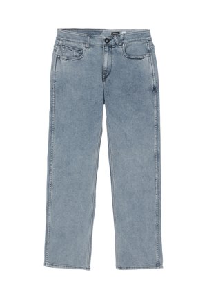 Ljusblå rak ben-jeans i denim. Har fem fickor, en knappknäppning framtill och kontrasterande sömmar längs sömmarna.
