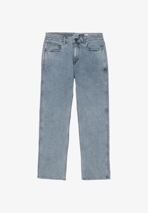 Light blue straight-leg jeans made of denim. Features five pockets, a front button closure, and contrasting stitching along the seams.