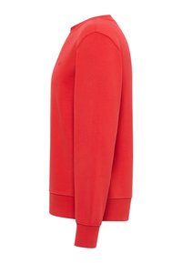 Czerwona bluza z okrągłym dekoltem, z długimi rękawami i ściągaczami. Wykonana z miękkiego materiału o gładkiej strukturze. Bez wzorów ani widocznych detali.