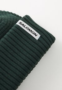 Green knitted beanie with a ribbed texture; features a white label with the black "SALOMON" logo on one side.