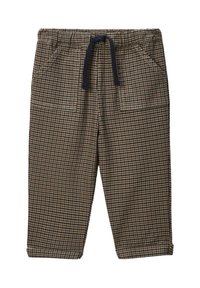 Pantalon pour tout-petits à carreaux bruns et noirs avec une taille élastique, cordon de serrage bleu marine, poches avant et ourlets roulés.