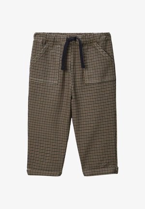 Pantalon pour tout-petits à carreaux bruns et noirs avec une taille élastique, cordon de serrage bleu marine, poches avant et ourlets roulés.