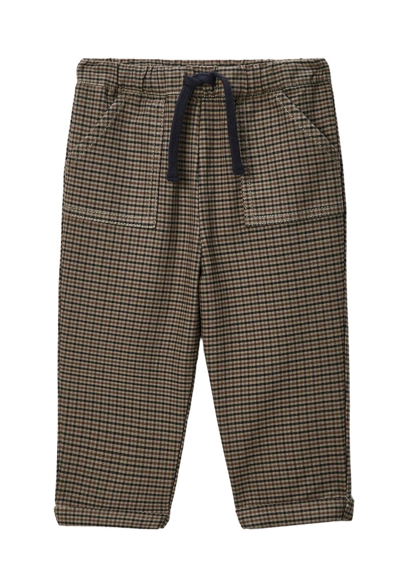 Pantalon pour tout-petits à carreaux bruns et noirs avec une taille élastique, cordon de serrage bleu marine, poches avant et ourlets roulés.