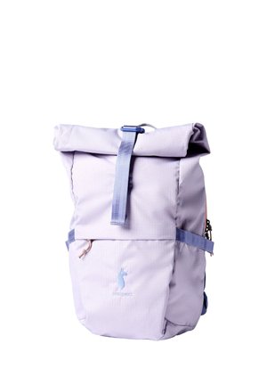 Light purple roll-top backpack with front zipper pocket, adjustable strap, and small logo of a llama on the front pocket.