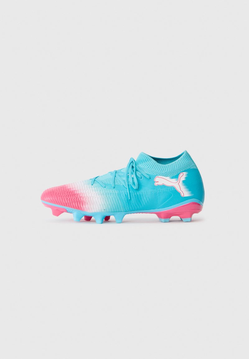 Bright blue and pink soccer cleat with white Puma logo, textured upper, laces, and molded studs on white background.