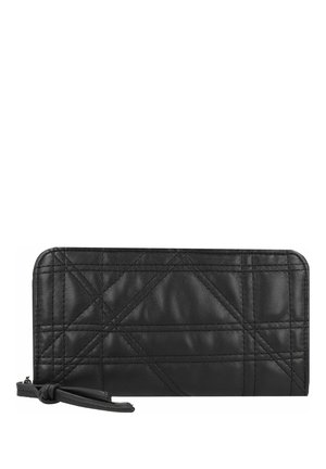 Black leather wallet featuring a quilted design with diagonal stitching. It has a zipper closure and a wrist strap for easy carrying.