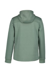 Felpa verde con tessuto a trama strutturata, maniche lunghe e cappuccio. Presenta una parte superiore liscia e polsini a costine.