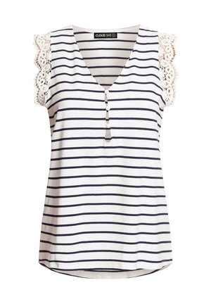 Stribet top med navy og hvide vandrette striber, V-hals, fem knaplukninger og delikate blonder trimmede skuldre. Blødt stof.