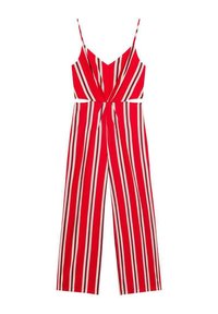 Jumpsuit rayé rouge et blanc avec de fines bretelles, décolleté en V profond, design enveloppant au niveau du corps et pantalon ample. Texture lisse, sans matériel visible.