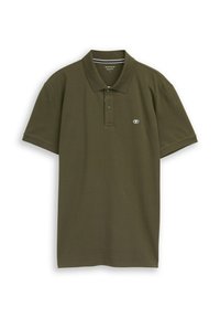 Olivgrünes Poloshirt mit klassischem Kragen, dreiknöpfiger Leiste und kleinem Logo auf der linken Brust. Kurze Ärmel, glatte Textur.