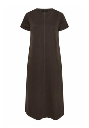 Dunkelbraunes Midi-Kleid mit kurzen Ärmeln, V-Ausschnitt und einer zentralen Naht, die vertikal über die Vorderseite verläuft.