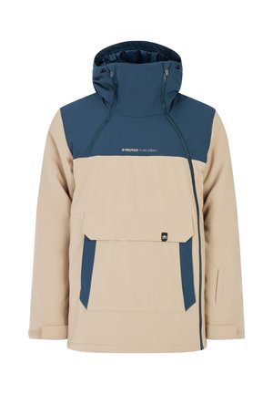 Beige und marineblaue zweifarbige Jacke mit hohem Kragen, Fronttasche und verstellbarem Kapuze. Strukturierten Stoff mit Reißverschlüssen und Logodetails.