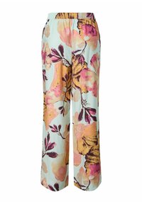 Vidbukse med elastisk midjebånd med stort blomsterprint i rosa, gult og lilla på lys blå bakgrunn.