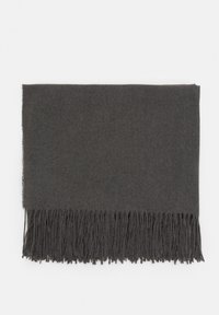 Dunkelgrauer Schal aus weichem Stoff, mit einer glatten Textur und fransigen Rändern, mit den Maßen von etwa 60 cm mal 180 cm.
