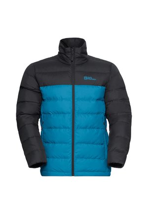 Gepolsterte Jacke mit Reißverschluss vorne, featuring einen schwarzen oberen Bereich und einen türkisfarbenen unteren Teil. Hergestellt aus glattem Stoff mit gesteppten Bereichen.