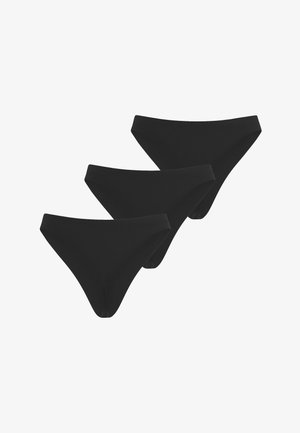 Trois sous-vêtements bikini noirs identiques pour femmes, disposés de manière décalée et superposée sur un fond blanc.