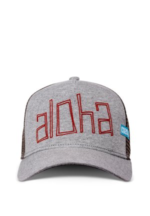 Graue Stoff- und Mesh-Basecap mit rotem besticktem "aloha" Schriftzug und einem kleinen blauen Etikett an der Seite mit der Aufschrift "coast".