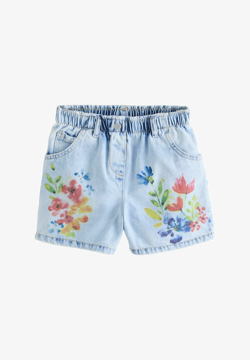 Light blue denim shorts with elastic waistband and colorful floral prints on front sides, featuring pockets and a button closure.