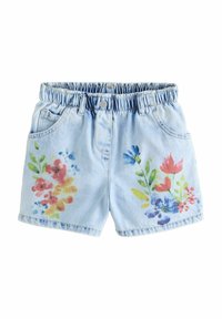 Ljusblå denimshorts med elastisk midja, med blommönster i rosa, rött och grönt på båda sidor. Två framfickor.