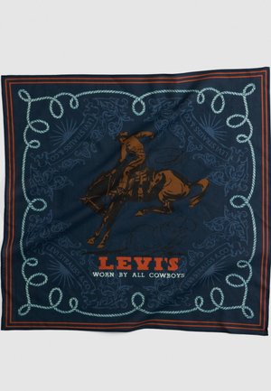 Mörkblå bandana med repkant, en central cowboy som rider på en buckande häst, och texten "LEVI'S BURNDA AV ALLA COWBOYS" nedanför.