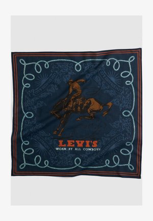 Dunkelblaues Bandana mit Seilbordüre, zentraler Cowboy, der auf einem durchgehenden Pferd reitet, und dem Text "LEVI'S TRAGEN ALLE COWBOYS" darunter.