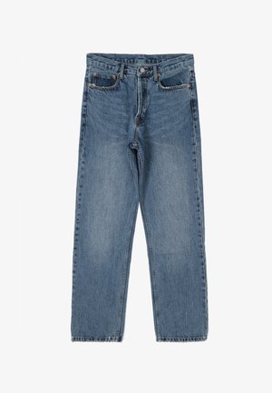 Hellblaue, hoch geschnittene Jeans aus Denim mit geradem Bein, fünf Taschen, Metallknopf und sichtbaren Steppnähten.