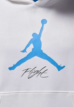 Haut à capuche blanc avec un grand logo Jumpman bleu, bras et jambes étendus. Le texte "Flight" est imprimé en dessous dans une police stylisée.
