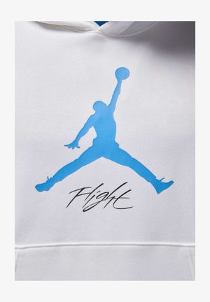 Haut à capuche blanc avec un grand logo Jumpman bleu, bras et jambes étendus. Le texte "Flight" est imprimé en dessous dans une police stylisée.