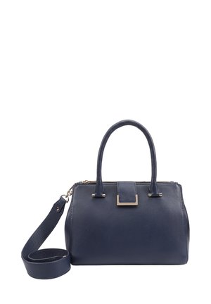 Marineblaues Lederhandtasche mit zwei oberen Tragriemen, einem abnehmbaren Schultergurt und einem goldfarbenen Verschlussdetails auf der Vorderseite, strukturierte Oberfläche.