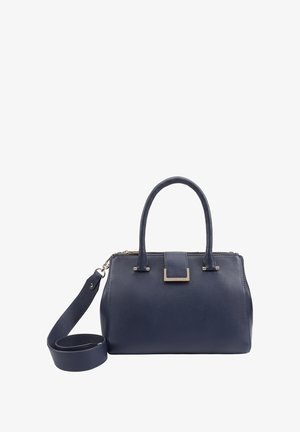 Navy blue leather handbag with two top handles, a removable shoulder strap, and a gold-tone clasp detail on the front, textured finish.