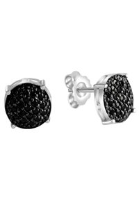 Orecchini a cerchio con superficie in pietra nera, montatura in metallo argento e quattro elementi a morsetto per una chiusura sicura.