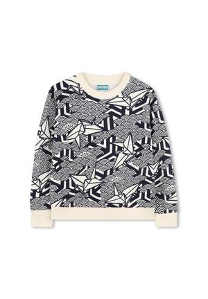 Felpa blu navy con accenti crema, caratterizzata da un motivo di onde e barche origami. Collo rotondo e polsini e orlo a costine.