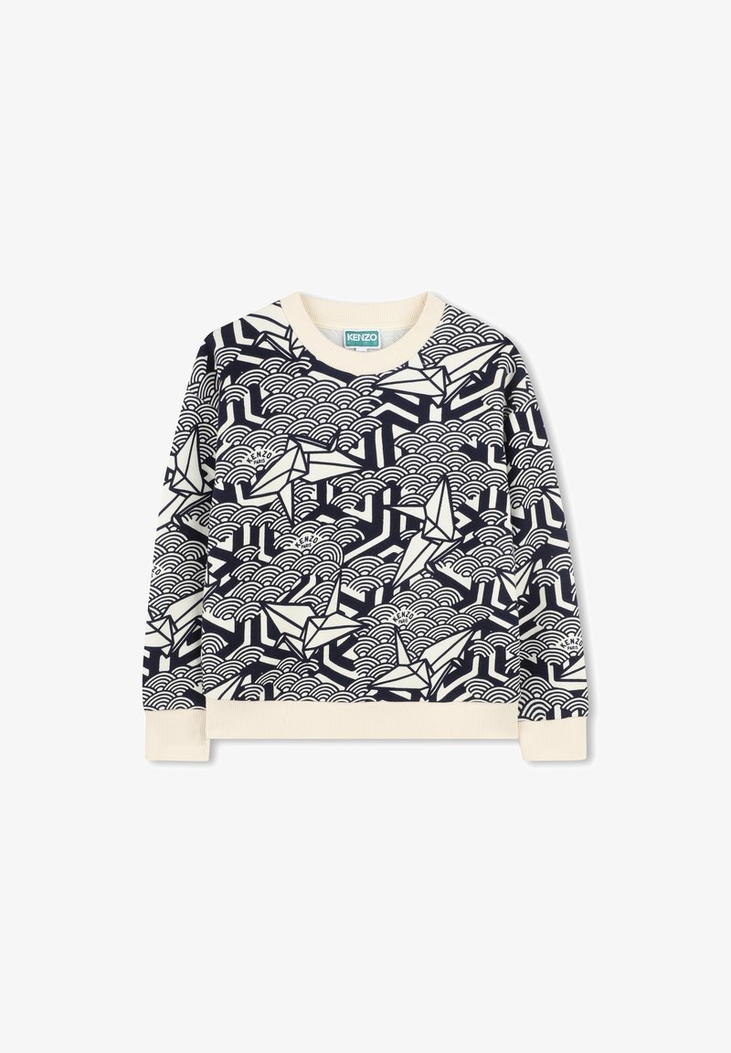 Sweatshirt bleu marine avec des accents crème, arborant un motif de vagues et de bateaux en origami. Col rond et poignets et ourlet côtelés.