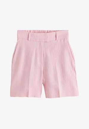 Hoch taillierte, rosa, maßgeschneiderte Shorts mit Gürtelschlaufen, seitlichen Taschen und einem dezenten Fischgrätmuster.