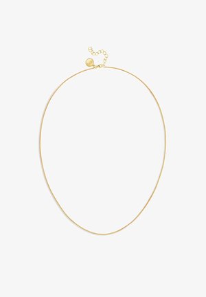 Gold pendant necklace featuring a smooth, curved design, adjustable chain with spherical clasp, and a slim, textured surface.