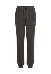 Pantaloni de trening gri, confecționați dintr-un material moale, cu talie ajustabilă prin șnur, pantaloni cu piciorul conic și cusături laterale decorate discret cu broderie logo.