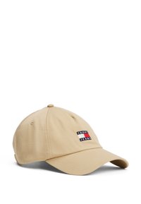 Casquette de baseball kaki en coton, avec un patch logo à l'avant en rouge, blanc et bleu. Visière courbée et sangle ajustable à l'arrière.