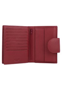 Portafoglio in pelle rossa con finitura testurizzata, dotato di più slot per carte, una tasca con zip e una chiusura sicura a bottone a scatto.