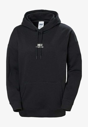 Black hoodie with a front pocket, drawstring hood, and white printed logo. Made of soft fabric with ribbed cuffs and hem.