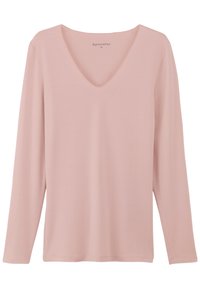 Light pink long-sleeve top with a V-neckline, made from a soft, smooth fabric. Features a relaxed fit and straight hem.