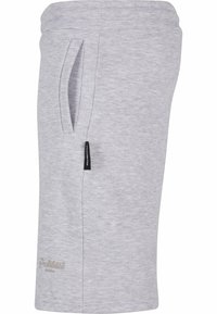 Grå bomullsblandingsshorts med sidelomme og svart merkeetikett. Har en jevn tekstur og en avslappet passform, som slutter rett over kneet.
